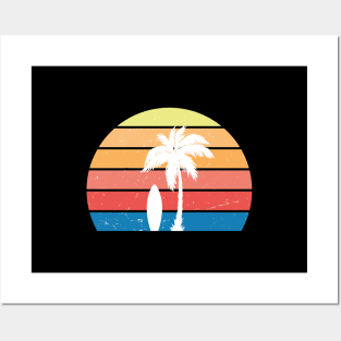 Retro sunset palmtree surfboard Posters and Art